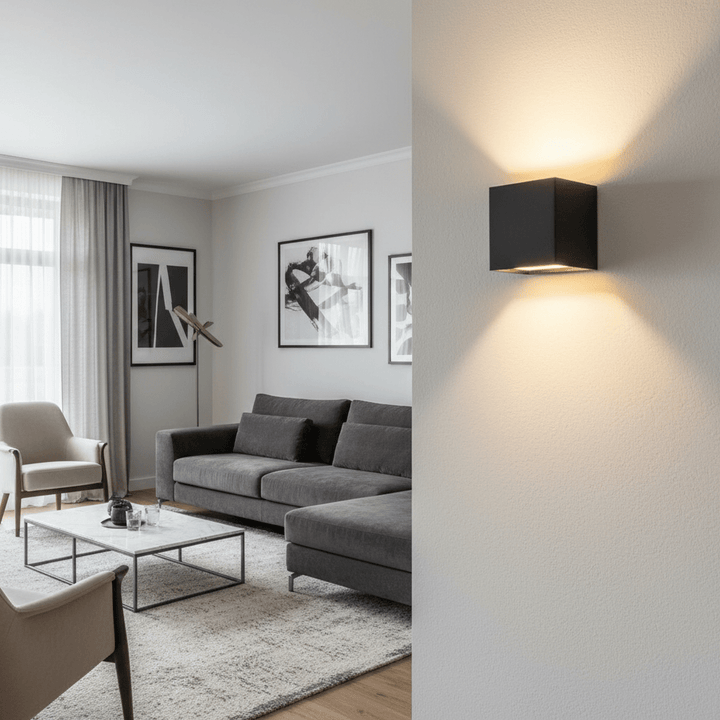 Zwarte kubusvormige wandlamp op de voorgrond met een warme lichtbundel naar boven en beneden, met een woonkamer met grijze hoekbank op de achtergrond. 2