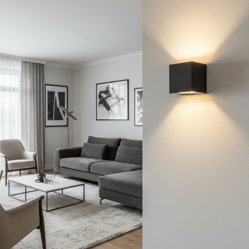 Zwarte kubusvormige wandlamp op de voorgrond met een warme lichtbundel naar boven en beneden, met een woonkamer met grijze hoekbank op de achtergrond. 2