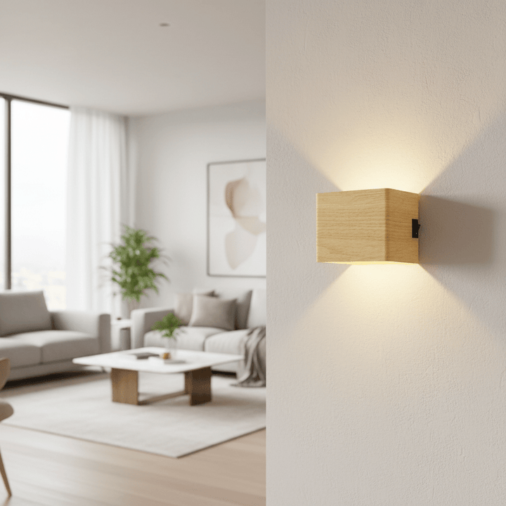 Wandlamp in houtlook met een klein zwart schakelaartje aan de zijkant, brandend aan een gestructureerde muur in een lichte woonkamer. 4