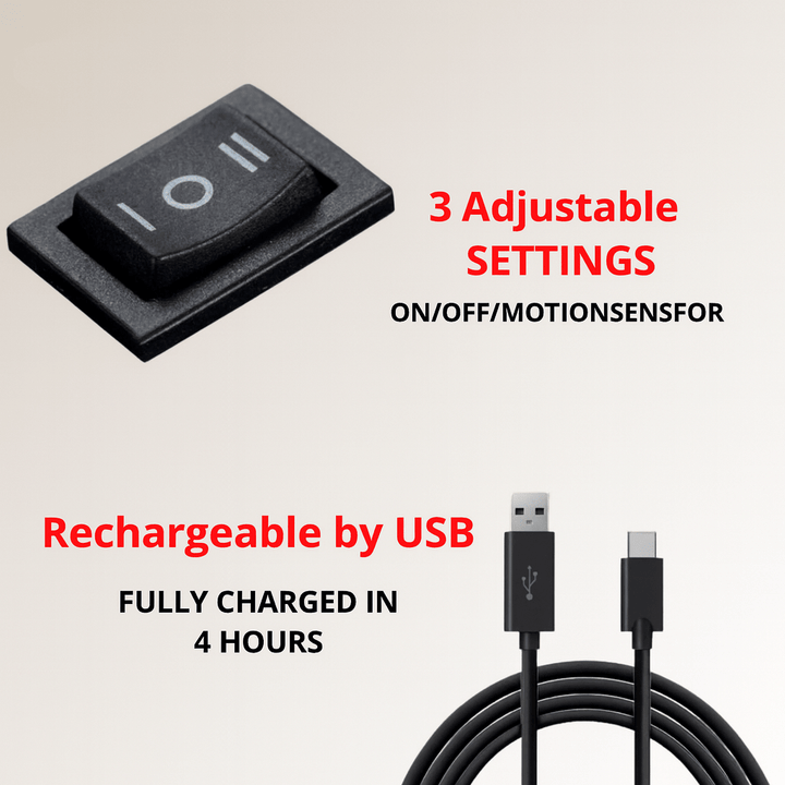 Close-up van het zwarte driestandenschakelaartje en een zwarte usb-oplaadkabel met usb-c-stekker, bedoeld om de lamp op te laden. 6