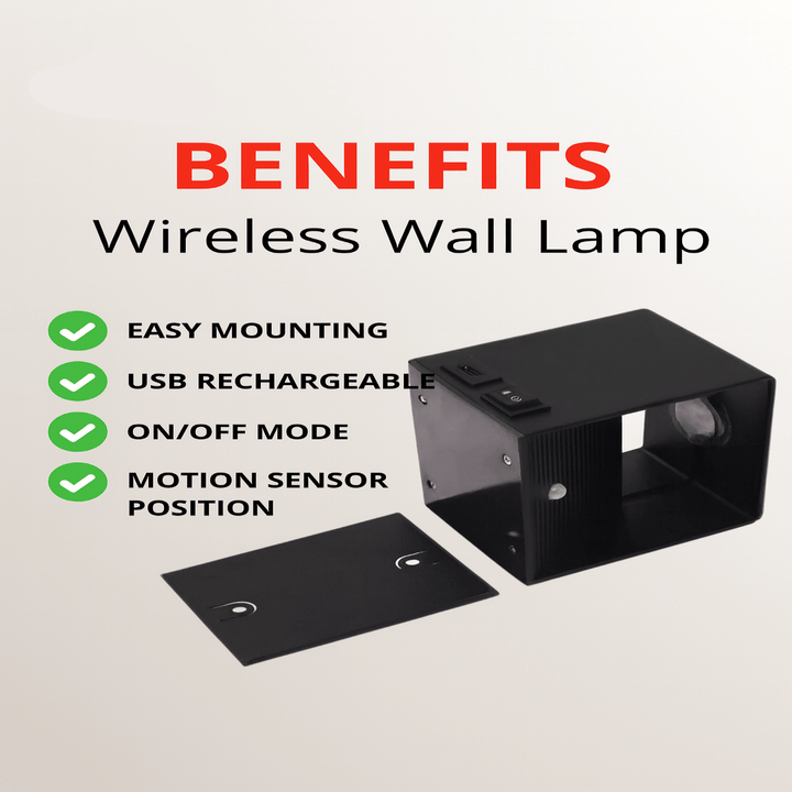 Zwarte draadloze wandlamp met losse wandplaat, naast een lijst met voordelen zoals eenvoudige montage, usb-oplaadbaar en bewegingssensor. 7