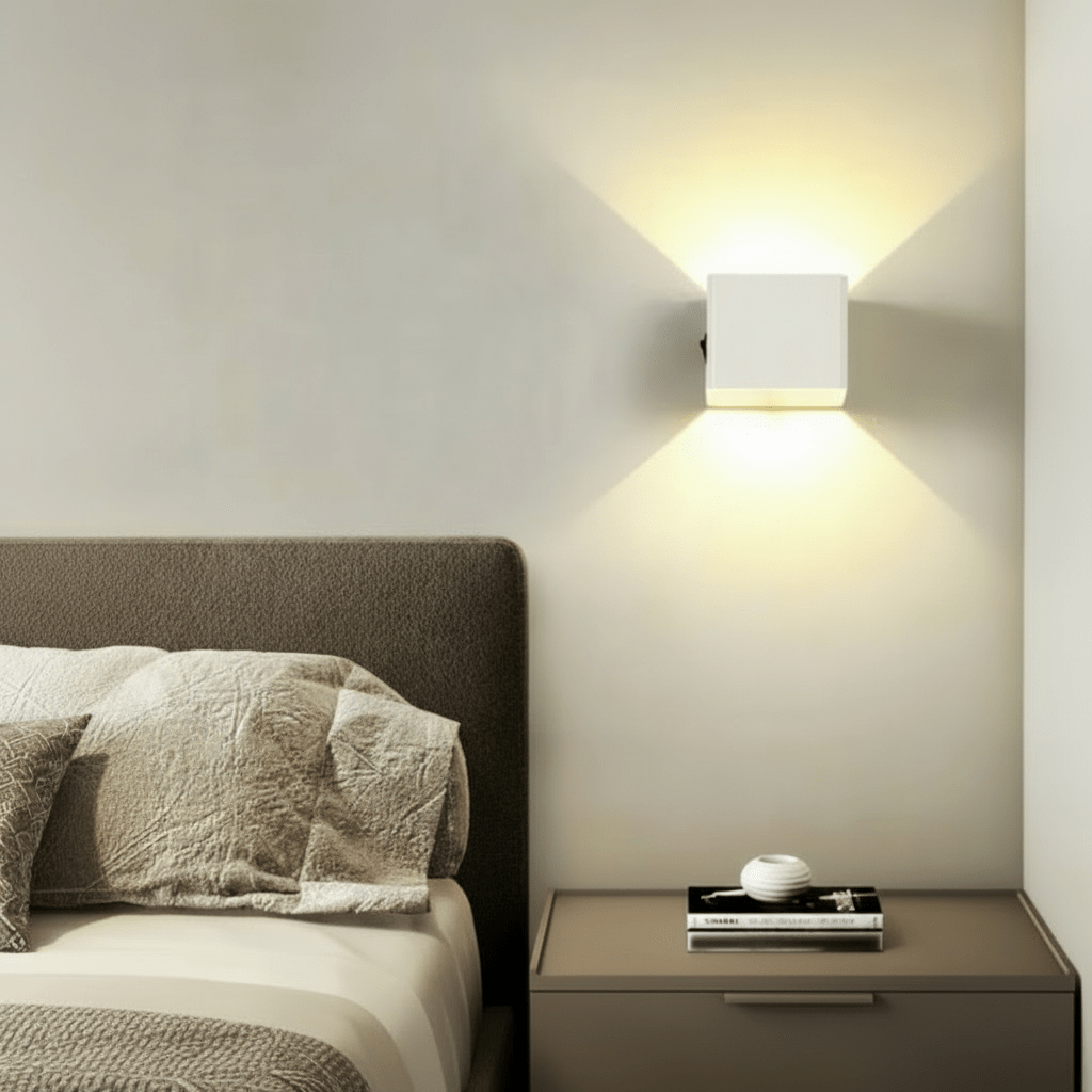 Witte kubusvormige wandlamp naast een bed boven een nachtkastje, met warm licht dat omhoog en omlaag uitstraalt. 3