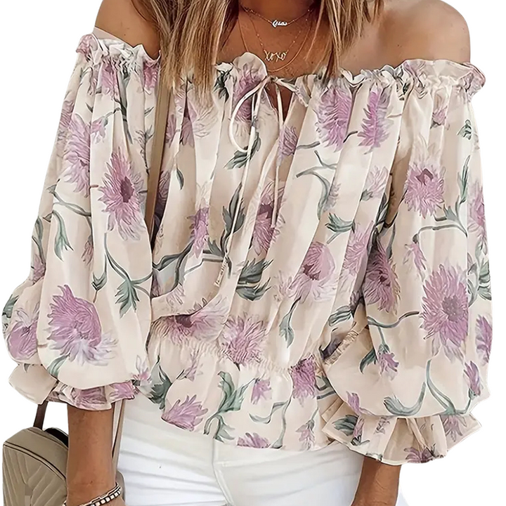 Schulterfreie Blumenbluse mit Rüschen – Fayenne
