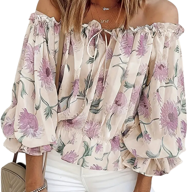 Schulterfreie Blumenbluse mit Rüschen – Fayenne