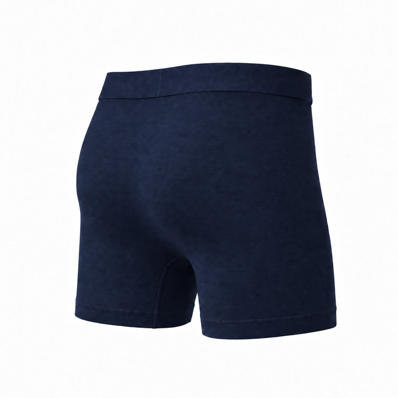 Marineblauwe boxershort van achteren en schuin van opzij, effen stof zonder naad over de zitvlakken en brede tailleband. 5