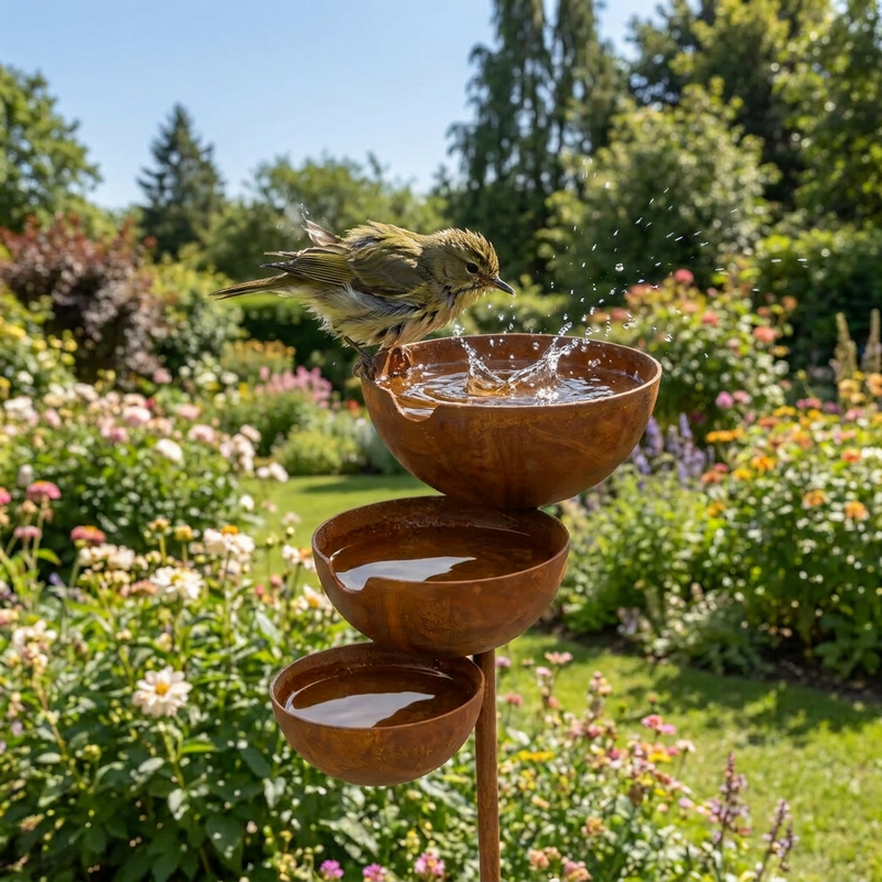 Vogel spettert in de bovenste roestkleurige schaal, met een bloeiende border op de achtergrond 1