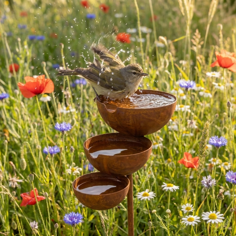 Vogel schudt water uit zijn veren in de bovenste schaal, tussen klaprozen en korenbloemen 2