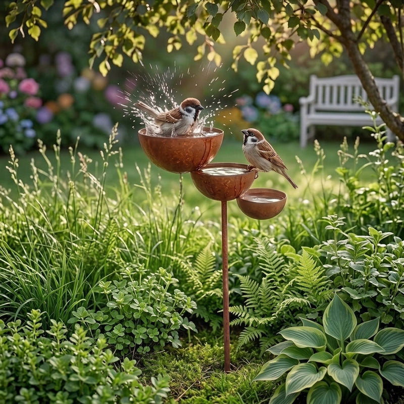 Twee mussen bij de roestige schalen in een tuin met houten bank en varens 3
