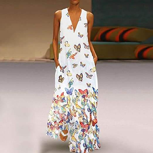 Trendy Mouwloos Maxi Zomerjurk met Vlinderpatroon – Malia