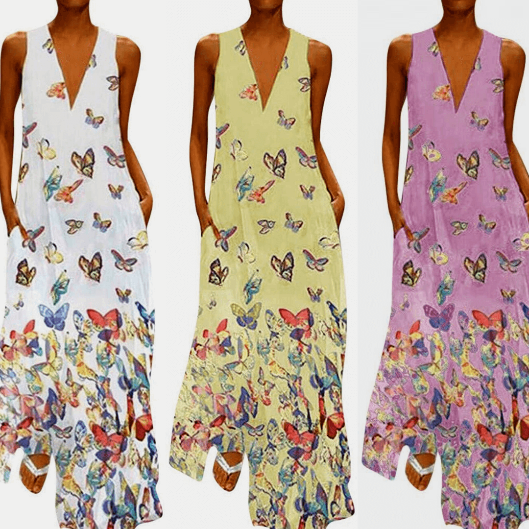 Trendy Mouwloos Maxi Zomerjurk met Vlinderpatroon – Malia