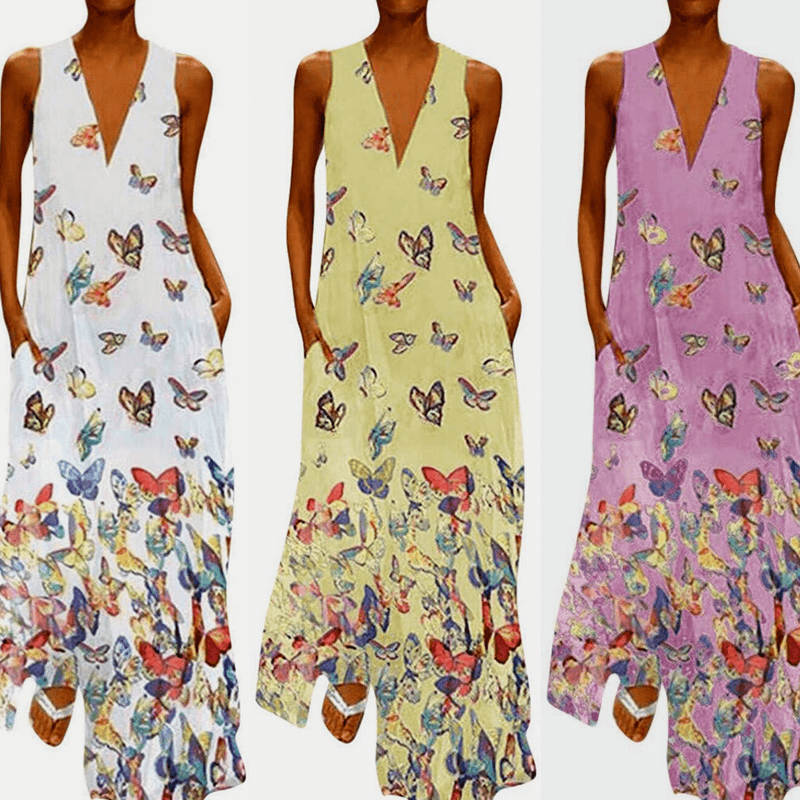 Trendy Mouwloos Maxi Zomerjurk met Vlinderpatroon – Malia
