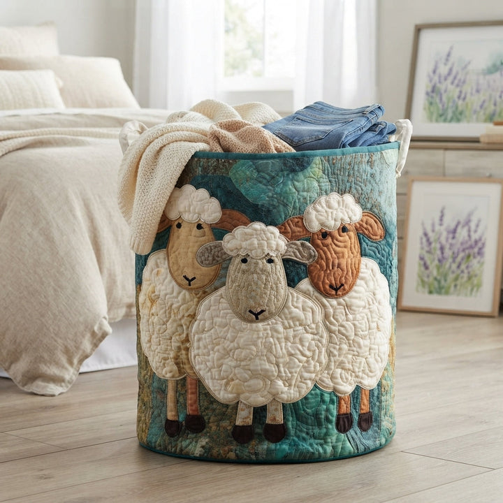De schapenmand naast een bed, gevuld met een gebreid dekentje en een opgevouwen spijkerbroek, met ingelijste lavendelprints op de achtergrond. 4