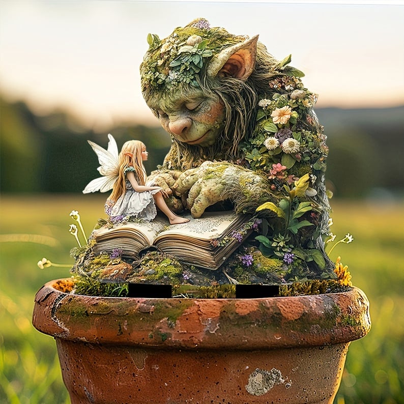 Tuinprikker van de trol met fee op een boek, geplaatst in een oude terracotta pot bij zonsondergang. 11