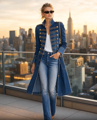 Model in blauwe denimjas met zonnebril op een dakterras, met uitzicht op een stad bij zonsondergang. 3