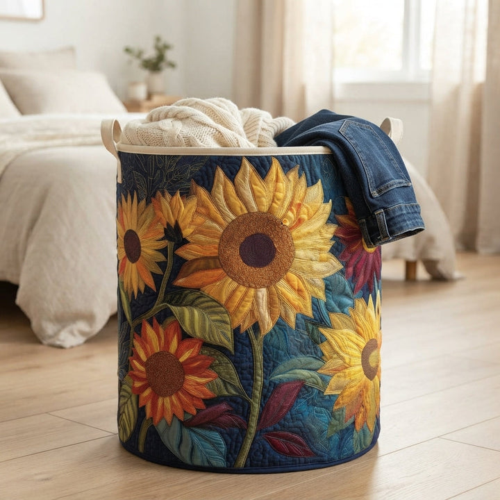 Mand met zonnebloemen staat op een houten vloer in de slaapkamer, gevuld met een gebreide deken en een spijkerbroek. 4