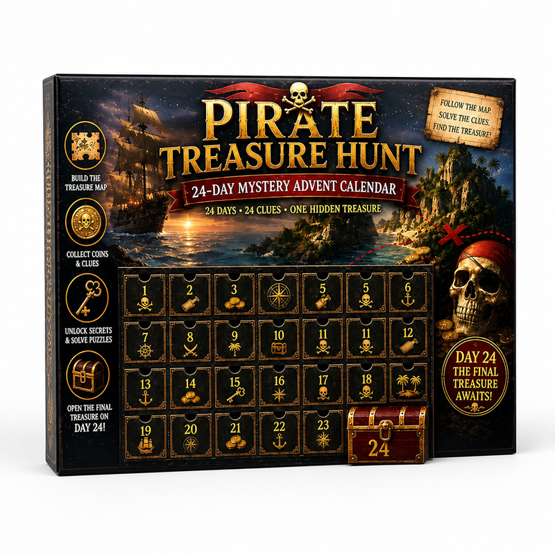 Doos van het piratenschat-thema met zwarte genummerde vakjes, een zeilschip bij zonsondergang, een schedel met goudstukken en een schatkist bij vak 24. 8
