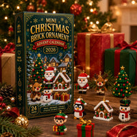 Doos tussen ingepakte cadeaus, met een selectie van acht figuurtjes ervoor, zoals kerstman, rendier, sneeuwpop, elf en huisje. 4