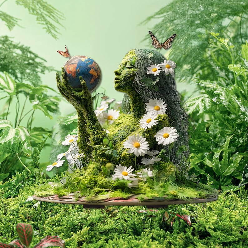 Tuinprikker van een mosgroene vrouwenfiguur die een wereldbol omhoog houdt, met madeliefjes en vlinders tussen varens. 6
