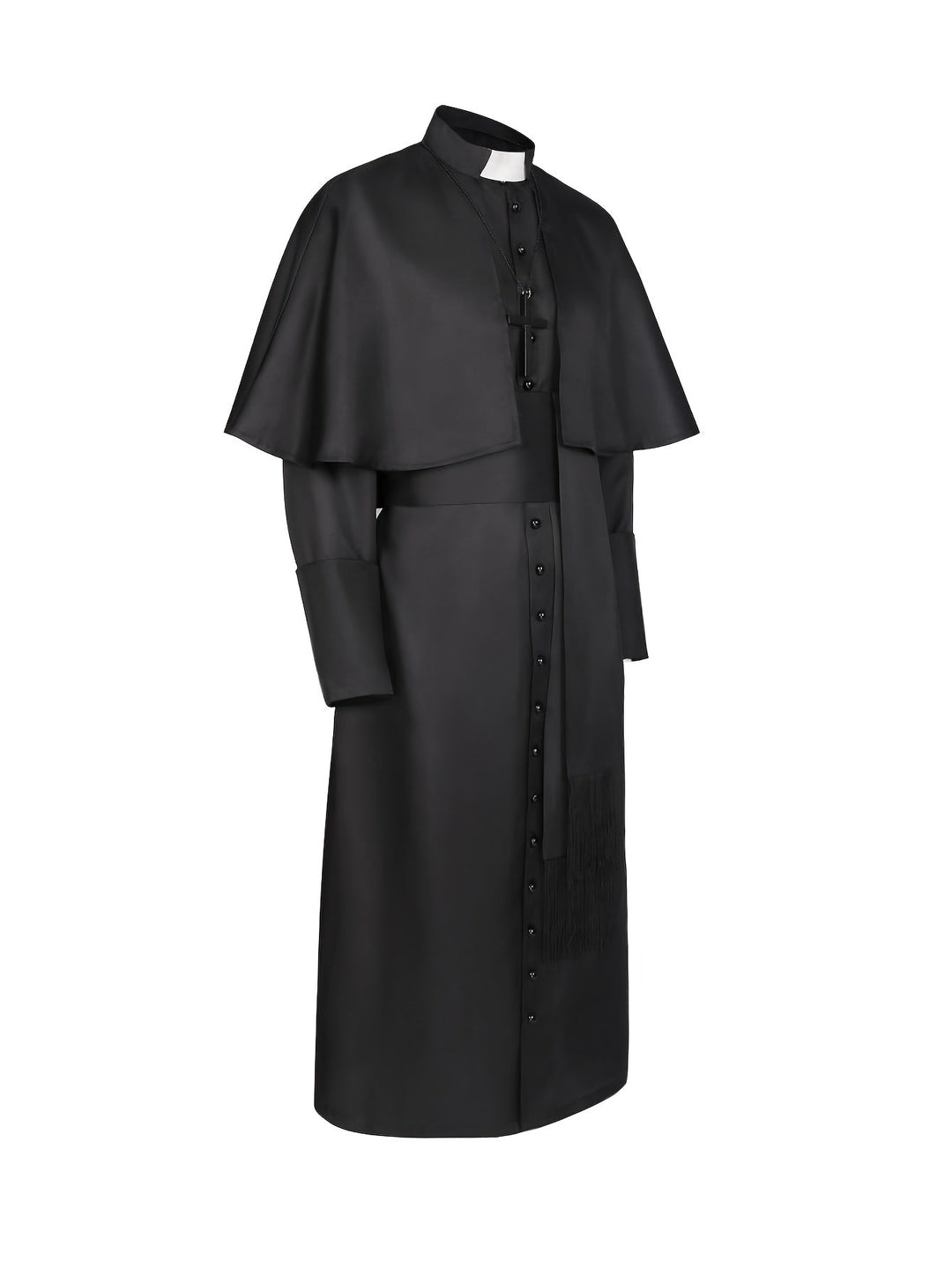 Zwart priesterkostuum in zijaanzicht met cape, kruisketting, knopenrij en lange sjerp met franjes 4