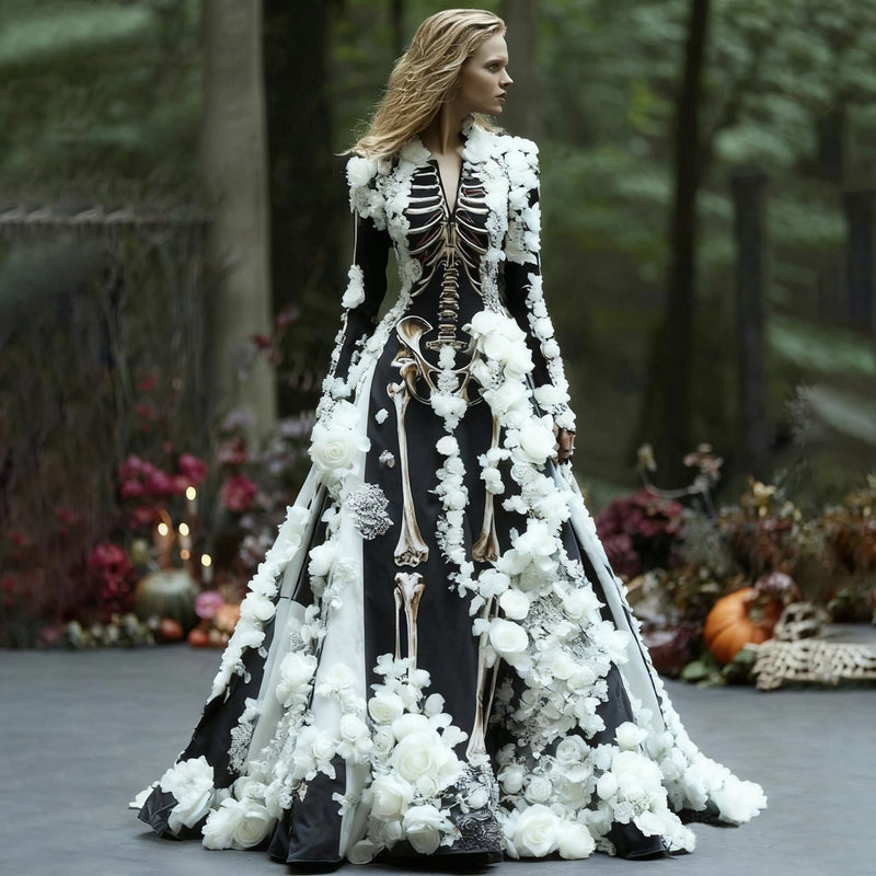 Model draagt de jurk met skeletprint in zwart met witte 3D-bloemen en lange mouwen, in een herfstachtig bos. 2