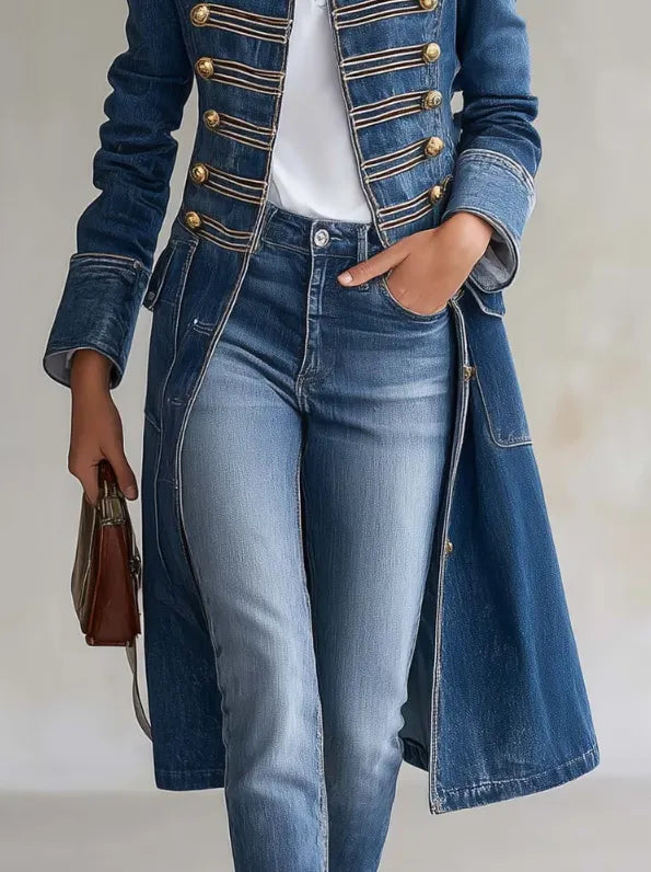 Close-up van de middenpartij van de blauwe denimjas met knopenrijen, manchetten en opgestikte zakken, gedragen met jeans. 6