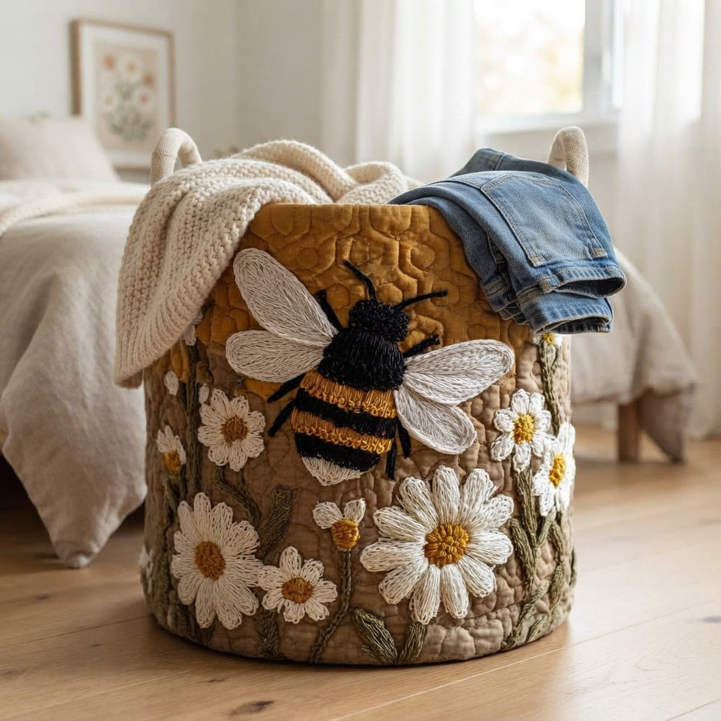 Mand in een slaapkamer met een gebreide deken en een spijkerbroek over de rand, naast een bed. 6