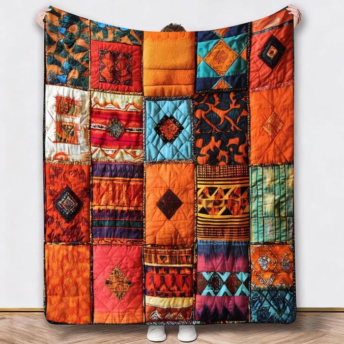 Deken met oranje, rode en turquoise patchwork-ontwerp met ruitvormen, omhooggehouden tegen een witte muur 3