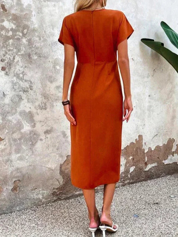Stilvolles Oranges V-Ausschnitt Midikleid - Ruby
