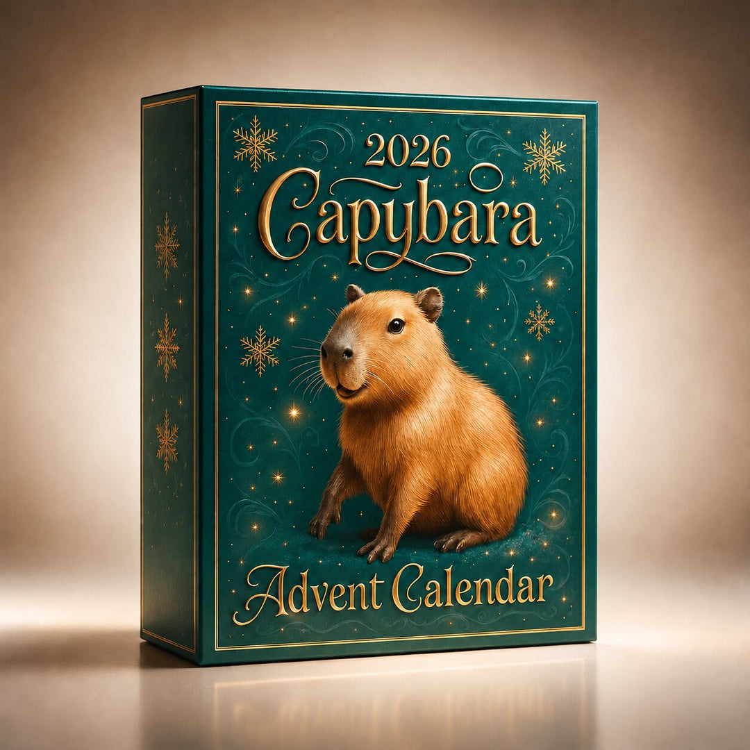 Schuin vooraanzicht van de groene doos met gouden sneeuwvlokken, sterren en een zittende capybara, tegen een zachte beige achtergrond. 7