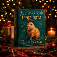 Groene doos met gouden sierrand en capybara staat op een houten tafel tussen dennentakken, kerstballen, een kaars en een cadeau. 4