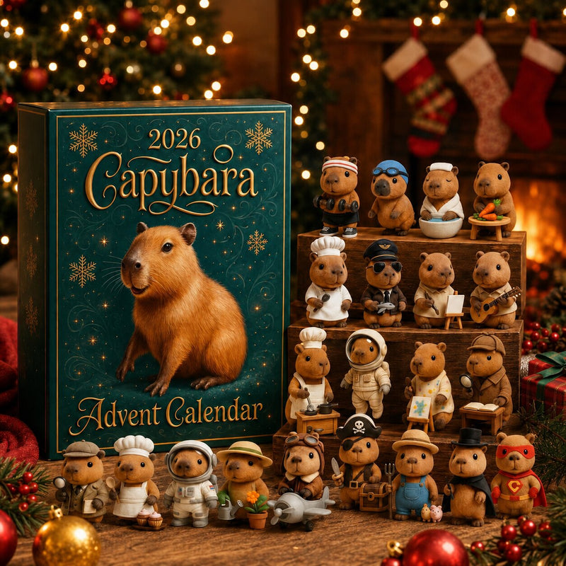 Doos met alle capybarafiguurtjes in verkleedkostuums op houten trapjes, in een kerstsfeer met boom, sokken, open haard en cadeaus. 6