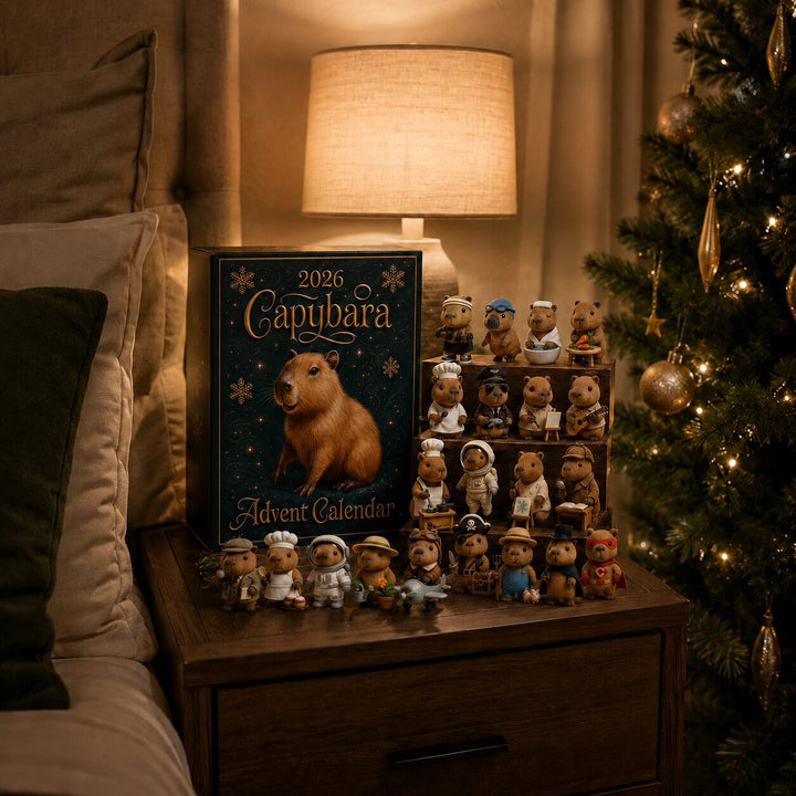 Doos en de verzamelde capybarafiguurtjes staan op een houten nachtkastje naast een bed, onder een warm lampje en bij de kerstboom. 5