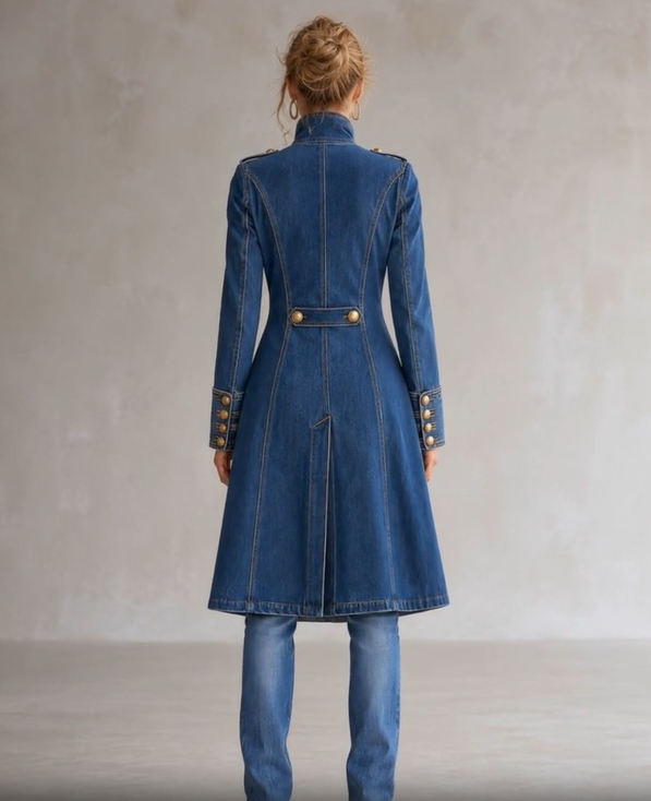 Achterkant van de blauwe denimjas met split, tailleband met twee gouden knopen en knoopjes op de manchetten. 5