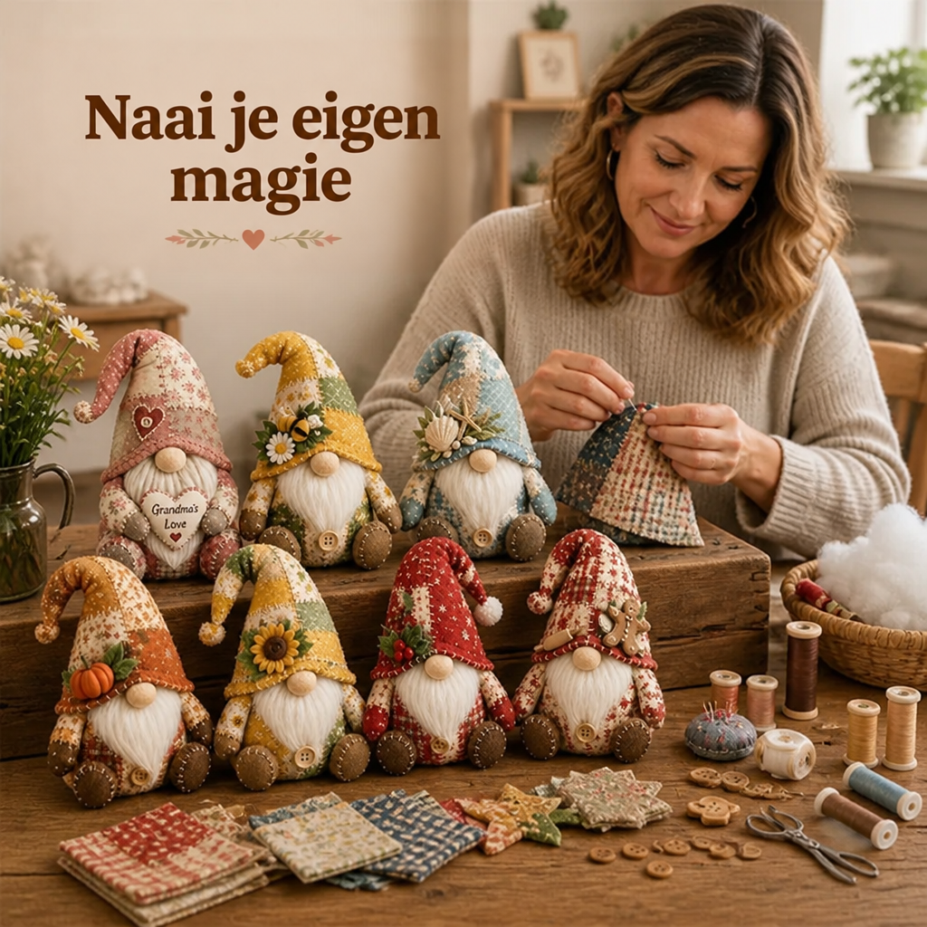 Vrouw naait aan een patchwork kabouterhoed, omringd door zes afgewerkte kabouters, stofjes, garenklosjes en knoopjes 1