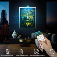 Hand met afstandsbediening richting een lamp boven een schilderij in een donkere woonkamer met blauwe verlichting 5