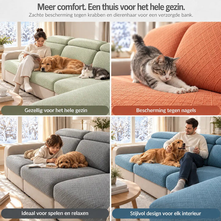 Vier woonkamerscènes met groene, oranje, grijze en blauwe hoezen, met gezin, hond en kat 6