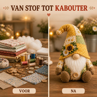 Naast elkaar: links stofjes, garen, knoopjes en vulling, rechts de afgewerkte gele kabouter met zonnebloem 4