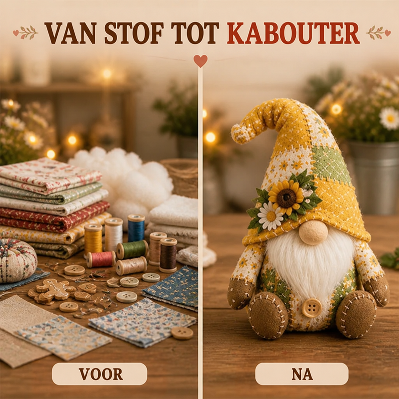 Naast elkaar: links stofjes, garen, knoopjes en vulling, rechts de afgewerkte gele kabouter met zonnebloem 4