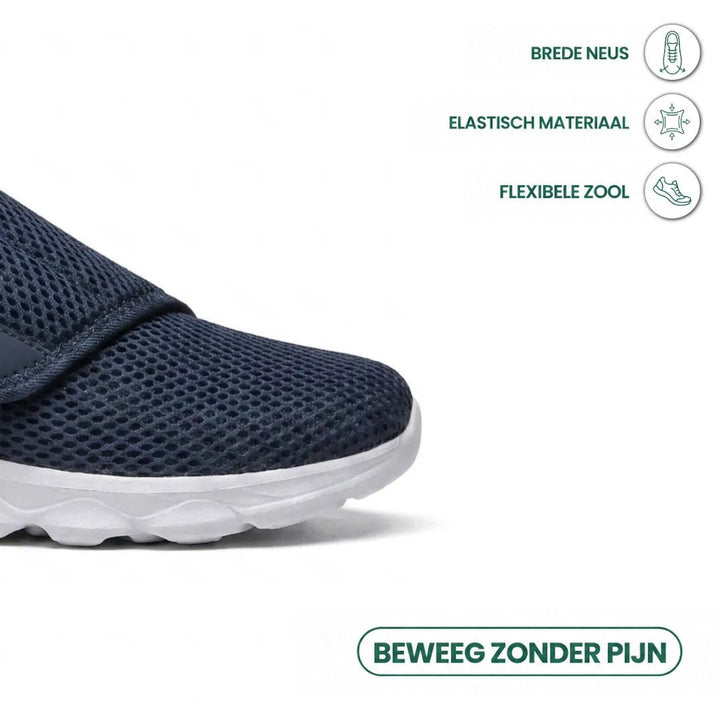 Detail van de brede neus van de donkerblauwe schoen met pictogrammen voor elastisch materiaal en flexibele zool. 5