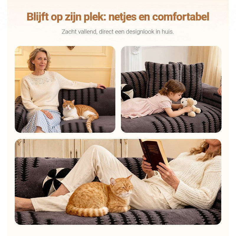 Drie sfeerbeelden van mensen en een kat die ontspannen op de grijze bankhoes zitten en liggen 3