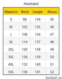 Maattabel met borstomvang, lengte en mouwlengte in centimeters voor de maten S tot en met 5XL 11