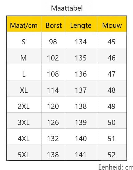 Maattabel met borstomvang, lengte en mouwlengte in centimeters voor de maten S tot en met 5XL 11