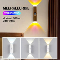 Wandlamp met houtlook boven een bed, met geel en roze licht, plus drie witte lichtstanden eronder 9