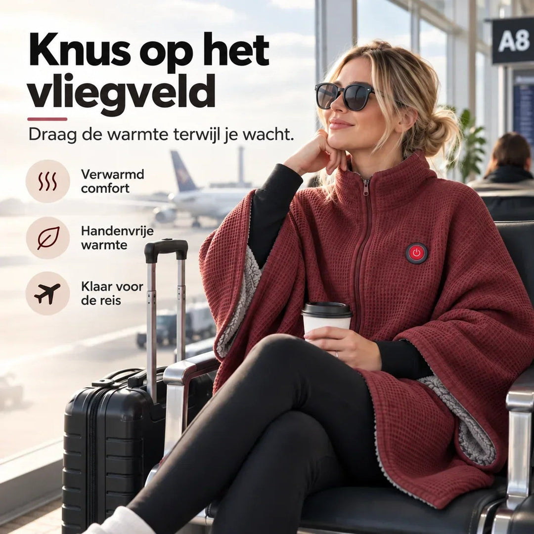 Vrouw met zonnebril draagt de rode wafelstructuur-deken als cape terwijl ze op een luchthaven wacht 1