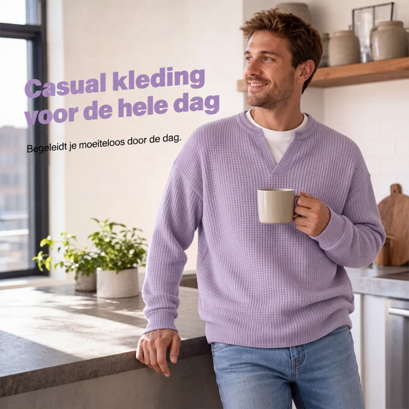 Lachende man in de lila top houdt een kop koffie vast terwijl hij tegen een keukenblad leunt. 5