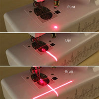 Drie opnamen van een naaimachine waarop de laser een punt, een lijn en een kruis projecteert 3
