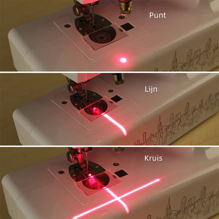 Drie opnamen van een naaimachine waarop de laser een punt, een lijn en een kruis projecteert 3