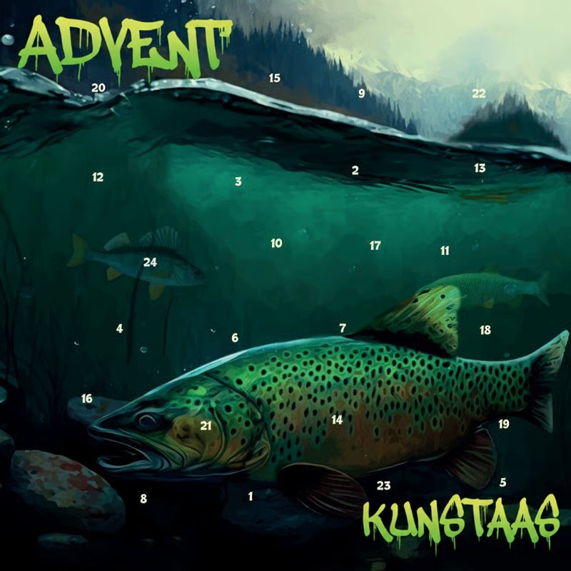Kalenderontwerp met groene illustratie van een gevlekte forel onder het wateroppervlak, genummerde vakjes 3