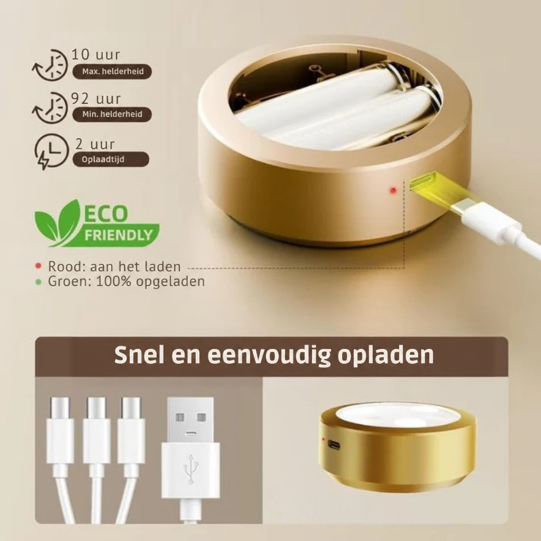 Gouden lamp met zichtbare batterijen en usb-oplaadkabel, plus losse laadkabels voor snel opladen 3
