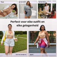 Collage van modellen die de beha dragen thuis, op werk, tijdens het uitgaan en bij sport 15